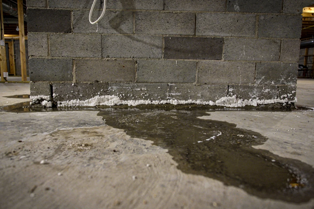 Water seeping along the joint where a concrete block basement wall meets the floor, with a dark wet stain across the slab and white salt bloom on the lower blocks.