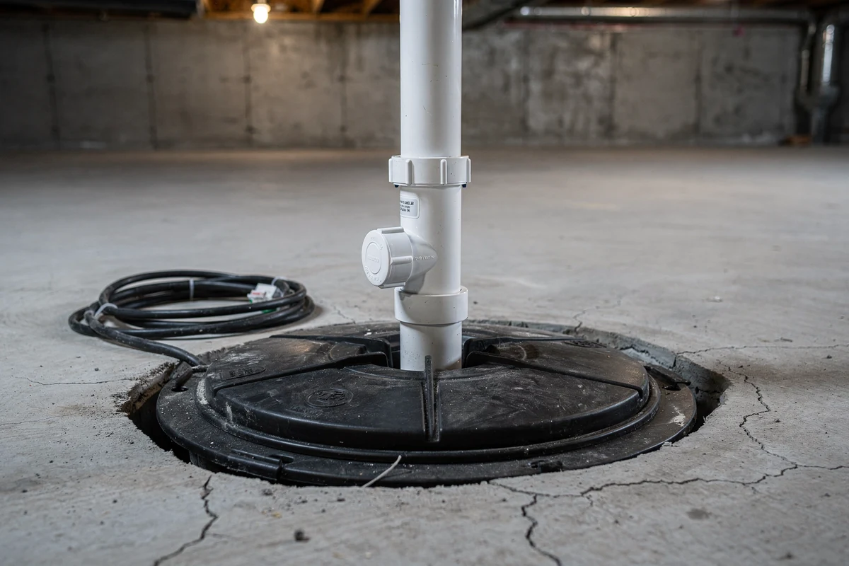 A sealed sump pit with a black lid set into a basement floor, a white PVC discharge pipe with a check valve rising from it.